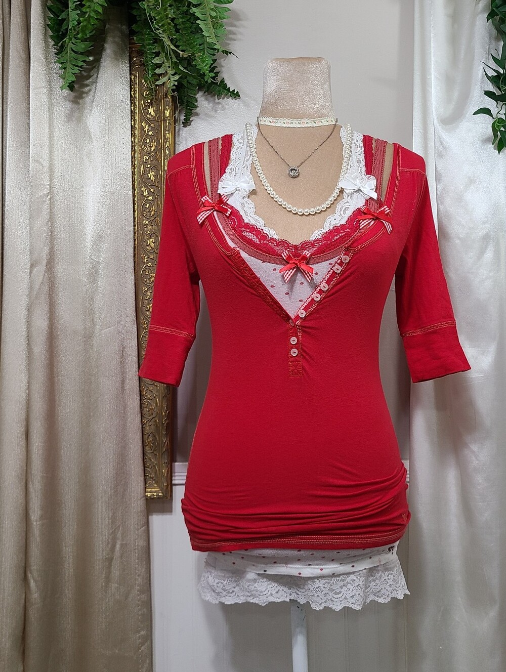 ♡ Y2K ♡ Abercrombie & Fitch Red Babydoll Henley Half Sleeve Layering Top